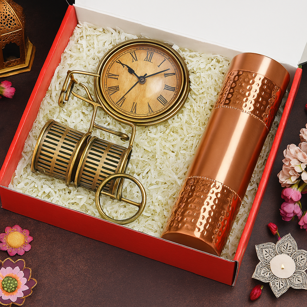Vintage Clock & Hammered Copper Bottle Gift Set