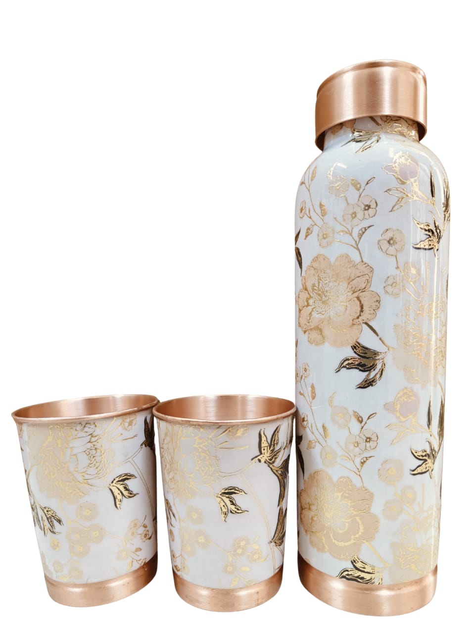 Elegant Floral Copper Bottle Set with Glasses