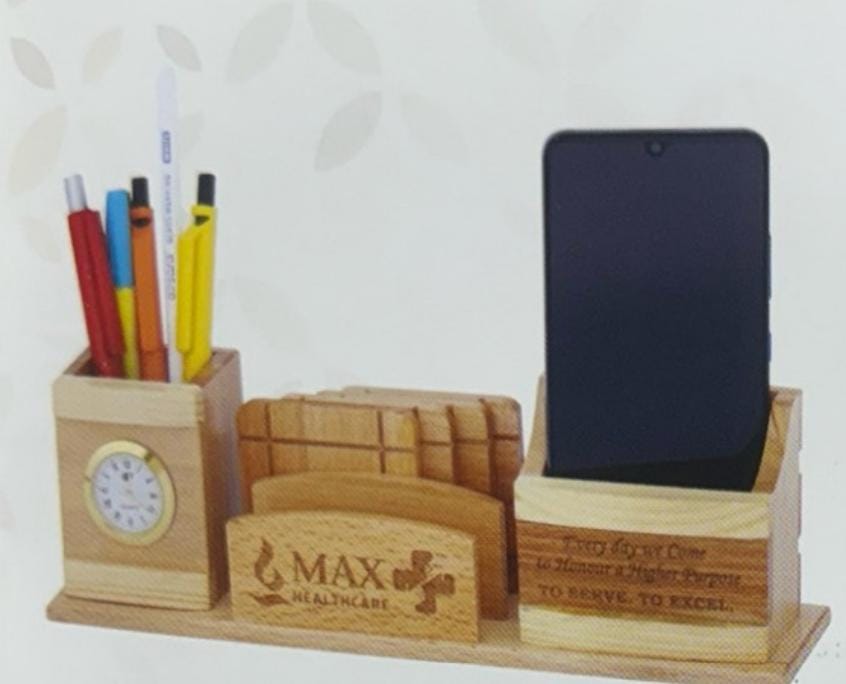 Max Healthcare Branded Premium Wooden Desk Organizer with Clock